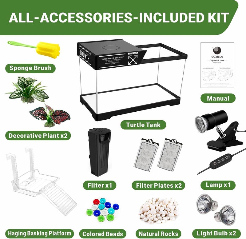 GOZILLA Aquatic Turtle Tank Kit+Lamp+Filter, Upgrade PC Turtle Tank Starter Kit with Adjustable Lamp & Filter,Reptile Habitat with Lid,Hanging Platform for Small Reptiles.(15.75×7.9×9''/Black Kit) - Image 3